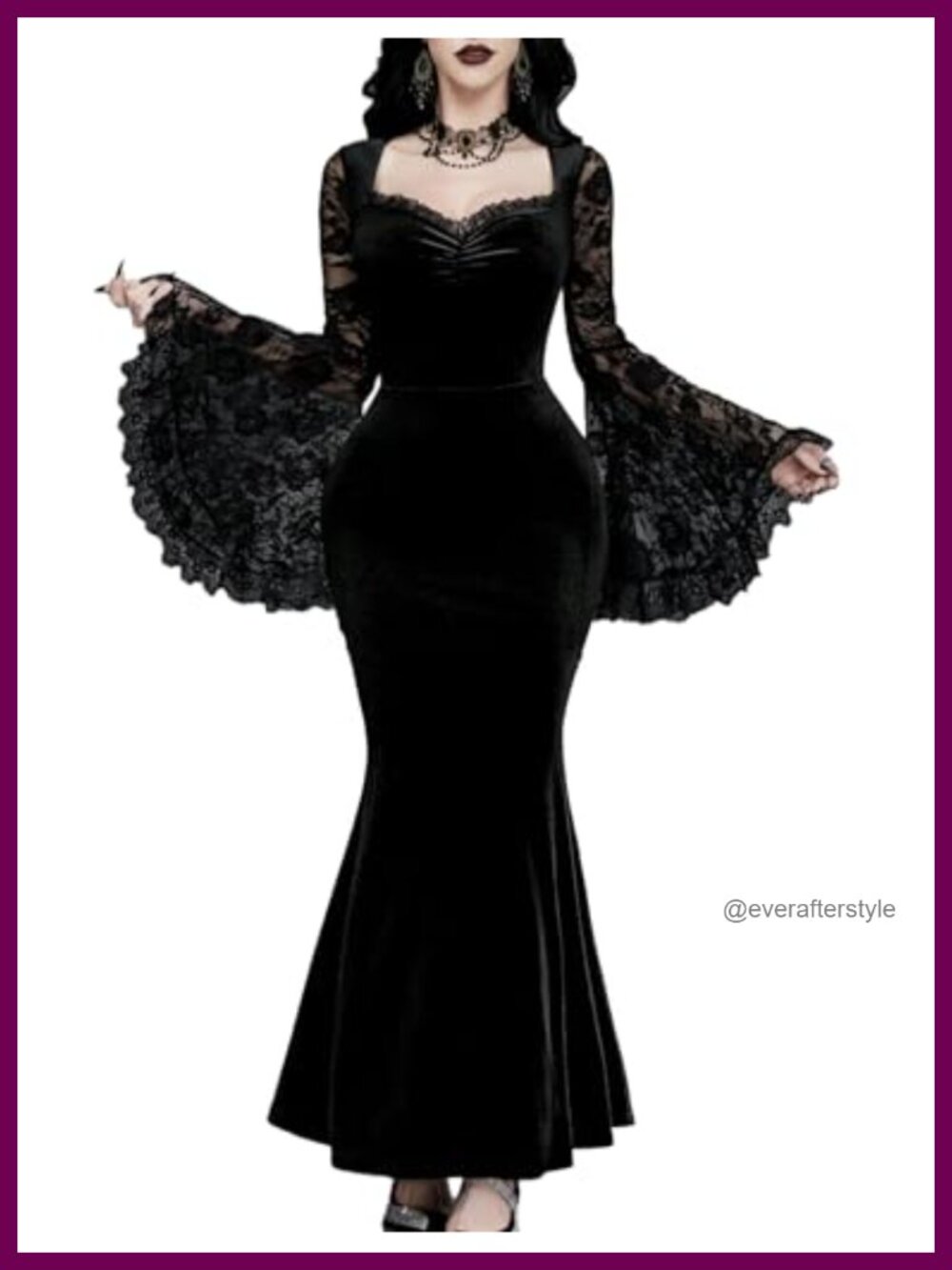 InGoticos Gothic Lace Patchwork Sleeve Fishtail Velvet Goth Dress Maxi